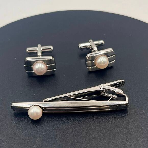 Japanese Vintage Akoya Pearl Tie Clip Cuff Link Set 2013 Japan 10k Gold Plated - Picture 2 of 13